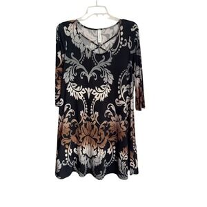 Honeyme Dress Small Black Silver Bronze Floral 3/4 Sleeve Criss Cross Soft EUC